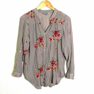 Heavy Embroidered floral Button-Up Blouse top sz M taupe red long sleeve boho